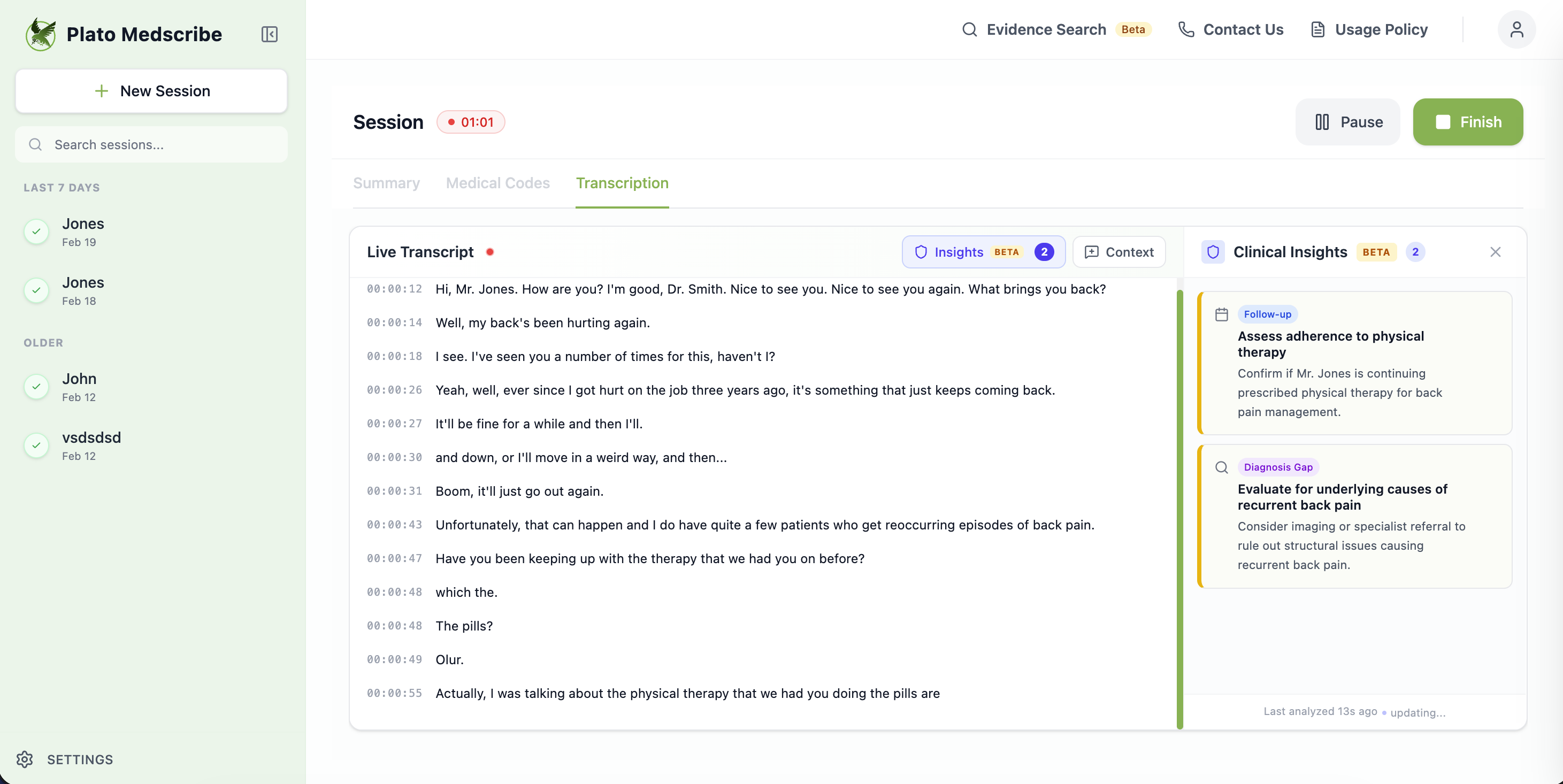 AI medical scribe product interface showing ambient clinical documentation