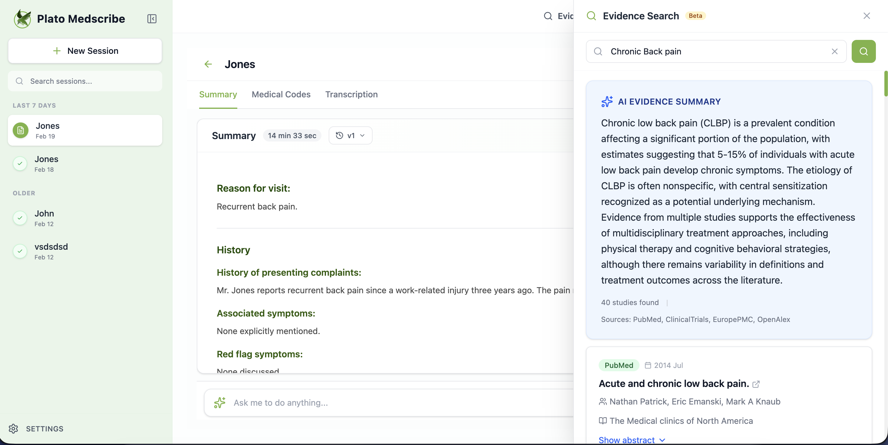 AI medical scribe product interface showing ambient clinical documentation